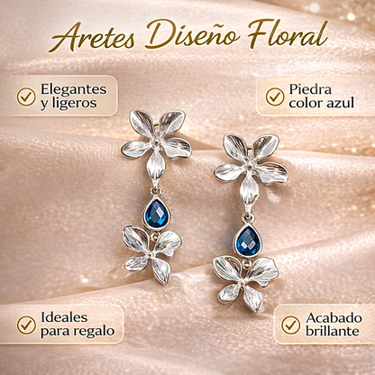 Aretes Colgantes Flor Azul Diseño Elegante En Rodio