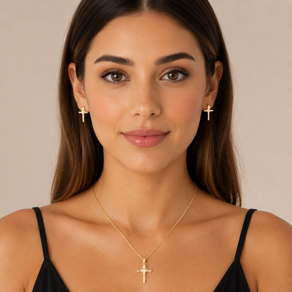 Juego Collar y Aretes de Cruz en Chapa de Oro 18r