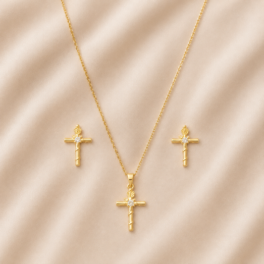 Juego Collar y Aretes de Cruz en Chapa de Oro 18r