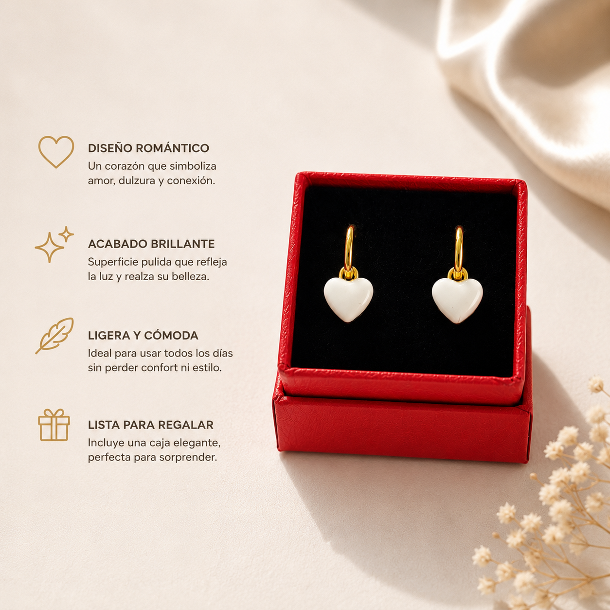 Aretes Huggies Dorados De Corazones Blancos