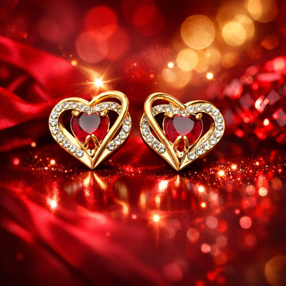 Aretes De Corazon Con Piedra Roja