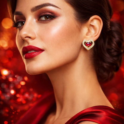 Aretes De Corazon Con Piedra Roja