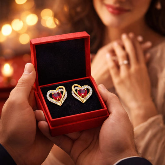 Aretes De Corazon Con Piedra Roja